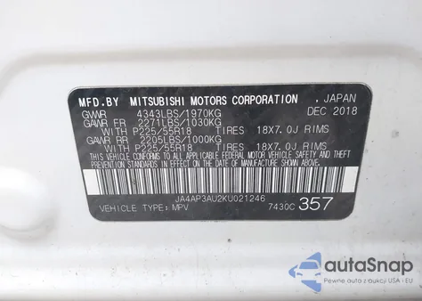 2019 Mitsubishi Outlander Sport 2.0 Es z USA, uszkodzony, nr VIN JA4AP3AU2KU021246